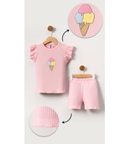 Kabartmalı Dondurma Görselli Pamuklu Kız Bebek Şort Takım-Pembe