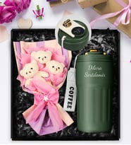 Kişiye Özel Çelik 500 ML Dereceli Termos & Üçlü Peluş Ayıcık Buketi Hediye Seti