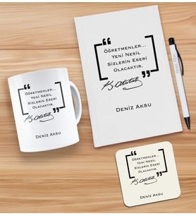 BK Gift Kişiye Özel İsimli Öğretmenler Günü Tasarımlı Beyaz Defter, Tükenmez Kalem, Kupa ve Bardak Altlığı Hediye Seti- 16, Öğretmene Hediye, Öğretmenler Günü