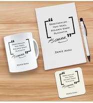 BK Gift Kişiye Özel İsimli Öğretmenler Günü Tasarımlı Beyaz Defter, Tükenmez Kalem, Kupa ve Bardak Altlığı Hediye Seti- 16, Öğretmene Hediye, Öğretmenler Günü