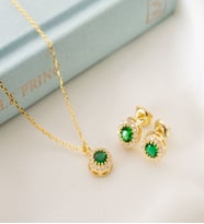 925 Ayar Gümüş Mayıs Ayı Doğum Taşı ( Emerald ) Kolye - Küpe Seti