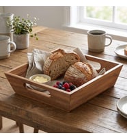 Akasya Ekmek Sepeti 20 x 20 cm, Kulplu Ahşap Ekmeklik, Kare Kahvaltı ve Sunum Sepeti, Poğaça, Kruvasan, Sandviç, Meyve ve Atıştırmalık Servis Kutusu