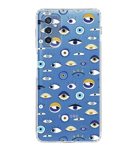 PrintiFy Samsung Galaxy M52 ile Uyumlu Nazar Boncuğu 2 Baskılı Kamera Korumalı Şeffaf Silikon Kılıf