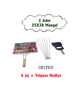 Teknor 2'li Paslanmaz (Sağlıklı) Krom Kaplama Tel Izgara / Mangal Izgarası 25x38cm 6 Şiş ve Yelpaze Hediyeli (Gri)