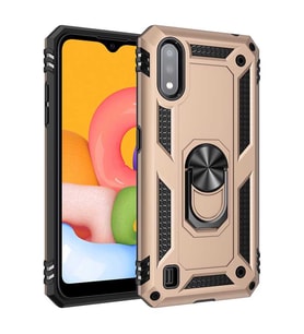 Samsung Galaxy A01 Kılıf Metal For Car Yüzüklü Standlı Military Ring Serisi (Altın)