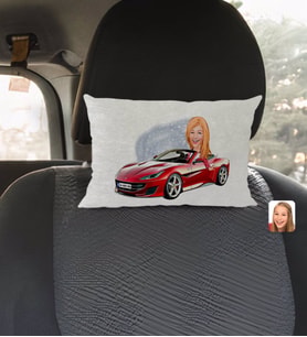 BK Gift Kişiye Özel Plakalı Kadın Ferrari California Karikatürlü Dikdörtgen Araç Koltuk Yastığı-1