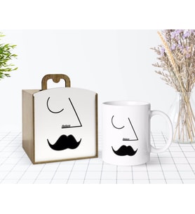 BK Gift Kişiye Özel Ahşap Kutuda Picasso Erkek Figür Tasarımlı Beyaz Kupa Bardak-1