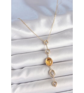 Pirinç Zincir Kehribar Sarı Gold Renk Zirkon Taşlı Y Kolye - TJ-BKO10230