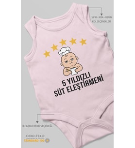 5 Yıldızlı Süt Eleştirmeni Baskılı Bebek Zıbını – Çıtçıtlı Body 8 Renk  %100 Pamuk Sıfır Kol (Bebek Pembesi)