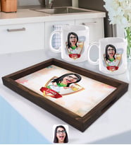 BK Gift Kişiye Özel İsimli Kadın Karikatürlü Doğal Ahşap Tepsi ve 2’li Kupa Bardak Seti-30
