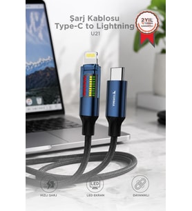 Torima Şarj Kablosu Type-C to Lightning Led Ekranlı Hızlı 27W Örgü Data Kablo U21 Siyah