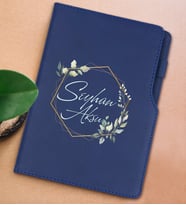 BK Gift Kişiye Özel Çiçek Tasarımlı Lacivert Termo Deri Not Defteri 15x21cm-11