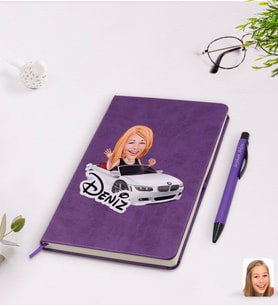 BK Gift Kişiye Özel Kadın Patron Karikatürlü Mor Termo Deri Defter Kalem Seti Model 3