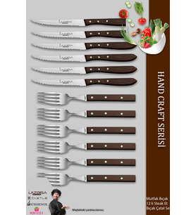 Lazbisa Hand Craft Serisi Steak Et Yemek Kahvaltı Bıçağı Çatalı 12 Li Set Mutfak Bıçak Seti ( Mtf-061 )