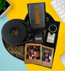 Kişiye Özel Premium Kalp Kutu Mekanizmalı Cüzdan Kemer Metal Lüx Anahtarlık Zippo Metal Çakmak İkili Ahşap Kahverengi Mdf Masaüstü Çerçeve Hediye Set