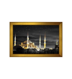 Sultan Ahmet Camii ve Gece Motifli Kanvas Tablo 80 x 110 cm Gold Çerçeve