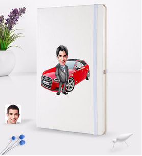 BK Gift Kişiye Özel Plakalı Erkek Audi A3 Karikatürlü Beyaz Termo Deri Defter 16x24cm Model 2