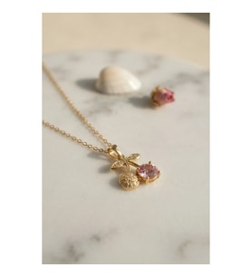 Mey İthalat® 316L Çelik Zincir Gold Renk Pembe Kiraz Model Kolye