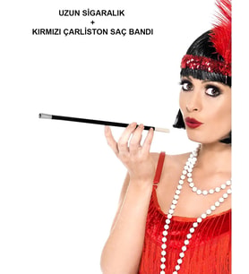 1920&amp;#39;ler 1990&amp;#39;lar Gatsby Kadın Aksesuar Seti – Kırmızı Charleston Bandı ve Sigaralık