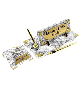 Kişiye Özel İmza Kalemli Masa İsimliği - Mermer Tasarımlı Elmas Saatli Premium Set (Model 1)