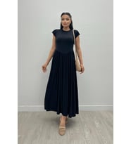 Çelik İnterlok Kumaş Büzgü Detaylı Maxi Elbise - SİYAH