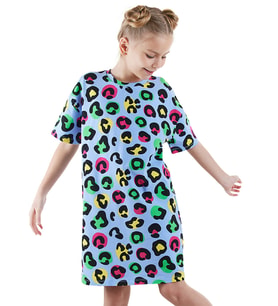 Leopar Kız Çocuk Oversize Elbise (Mavi)
