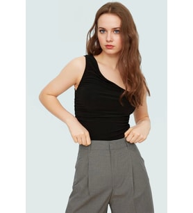 Fitted Tek Omuz Bluz Esnek Örme Crop Boy Modern Stil Premium Kalite Seçkin Malzeme (Siyah)