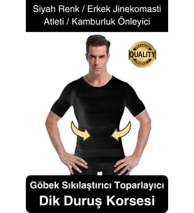 Siyah Renk Erkek Bel Göğüs Dik Duruş Korsesi Atlet Jinekomasti Göbek Sıkılaştırıcı Toparlayıcı