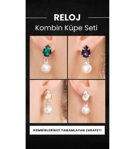 Kadın Reloj Model 4 Renk Gümüş Kaplama Abiye Elbise Kombin Günlük Zirkon Taşlı İncili Küpe Seti