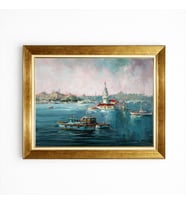 Tablore İstanbul Kız Kulesi Manzaralı Altın Çerçeveli Kanvas Tablo Yağlı Boya Görünümlü Klasik Salon Tablosu
