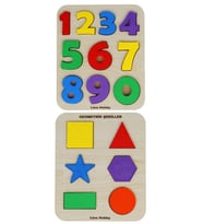 2'li Set Montessori Eğitici Ahşap Sayılar ve Geometrik Şekiller Bultak Puzzle (20x17 cm)