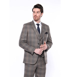Kare Desenli Slim Fit Kahverengi Erkek Ceket - Wessi