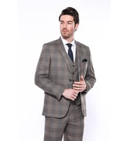 Kare Desenli Slim Fit Kahverengi Erkek Ceket - Wessi