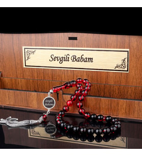Gümüş Püsküllü Sevgili Babam Yazılı Ahşap Kutulu Ateş Kehribar Tesbih (Gri)