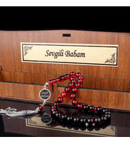 Gümüş Püsküllü Sevgili Babam Yazılı Ahşap Kutulu Ateş Kehribar Tesbih (Gri)