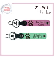 Hayvan Sever Çiftlere Uygun 2'li Set, Kalpli Pati Motifli Deri Anahtarlık Takımı, Pembe-Açık Yeşil