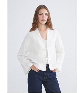 LCW Modest Ekru V Yaka Oversize Müslin Kadın Kimono