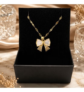BK Gift Fiyonk Figürlü Sedef Detaylı Kadın Kolye - Kararma Yapmayan Gold Çelik Kolye