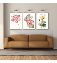 Suluboya Lotus Çiçeği 3'lü Japon Çiçek Çerçevesiz Poster  3646