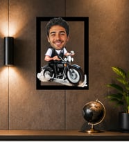 Kişiye Özel Motosikletli Karikatürlü Çerçeveli Tablo – Fotoğraftan Motor Tutkunu Portre Hediyesi