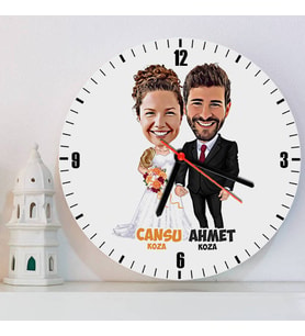 Evlendik Mutluyuz Karikatürlü Yıldönümü Hediyesi Kişiye Özel Duvar Saati