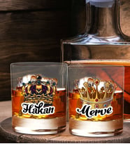 BK Gift Kişiye Özel İsimli DTF Kral Kraliçe Tacı Tasarımlı İkili Viski Kadeh Seti, Arkadaşa Hediye, Sevgiliye Hediye
