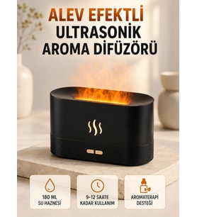 Ultrasonik Aromaterapi Difüzörü 180 ML Hazneli Dekoratif Alev Efektli Nemlendirici