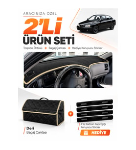 HYUNDAİ ELANTRA (1997-2006) Uyumlu Torpido Örtüsü + Deri Bagaj Çantası + Sticker Seti - Siyah Bej