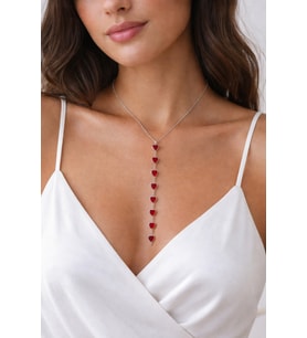 Kadın Gümüş Renk Kalpli Özel Tasarım Y Model Kolye 45 CM (Kırmızı)