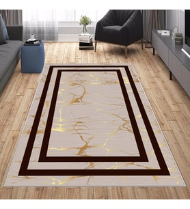 Vizon Kahve Kenarlı Yıkanabilir Kaymaz Taban Leke Tutmaz Modern Salon Halısı ve Yolluk (Gold)