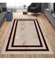 Vizon Kahve Kenarlı Yıkanabilir Kaymaz Taban Leke Tutmaz Modern Salon Halısı ve Yolluk (Gold)