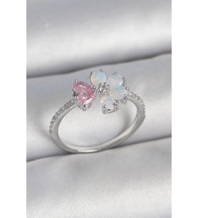 Pirinç Gümüş Renk Beyaz Mineli Pembe Zirkon Taşlı Çiçek Model Kadın Yüzük 5886