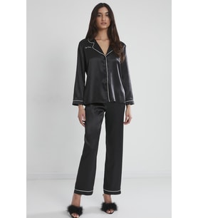 Saten Biyeli Pijama Takımı (Siyah)