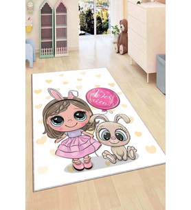 Pembe Kaymaz Tabanlı Yıkanır Prensesli Çocuk Halısı AR056